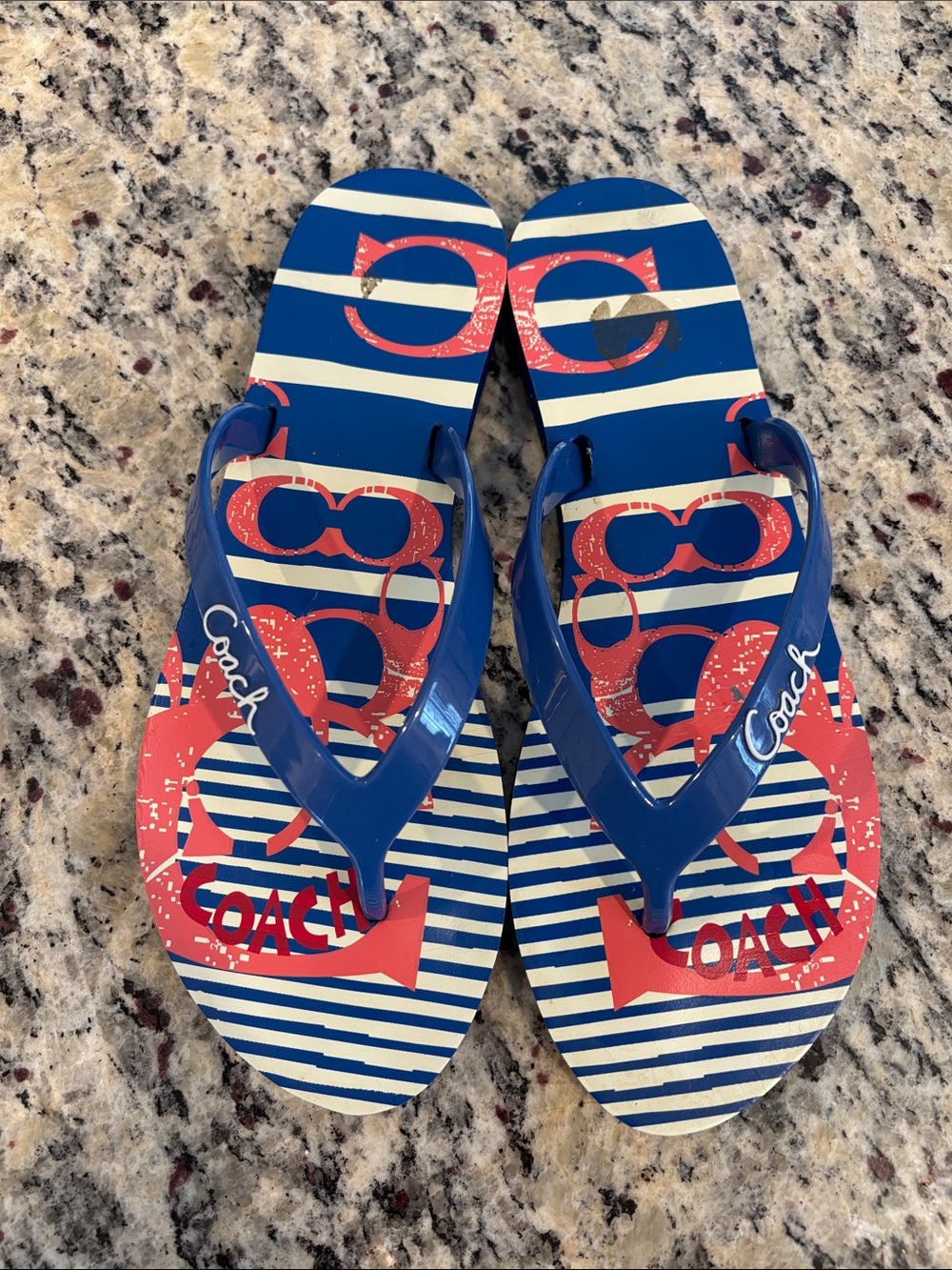 Coach Poppy  Navy & Coral Striped Logo Flip Flops